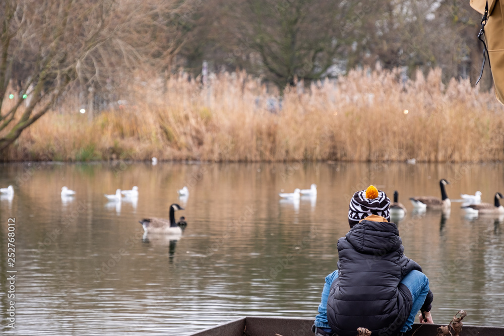Obraz premium Boy feeding ducks and birds on the city pond