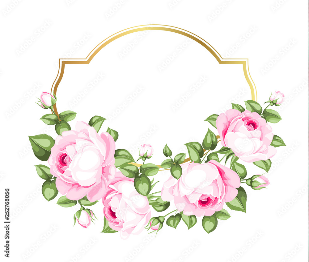 Flower garland for invitation card. Wedding card template with blooming roses and custom text isolated over white background. Pink flowers on the white background. Vector illustration.