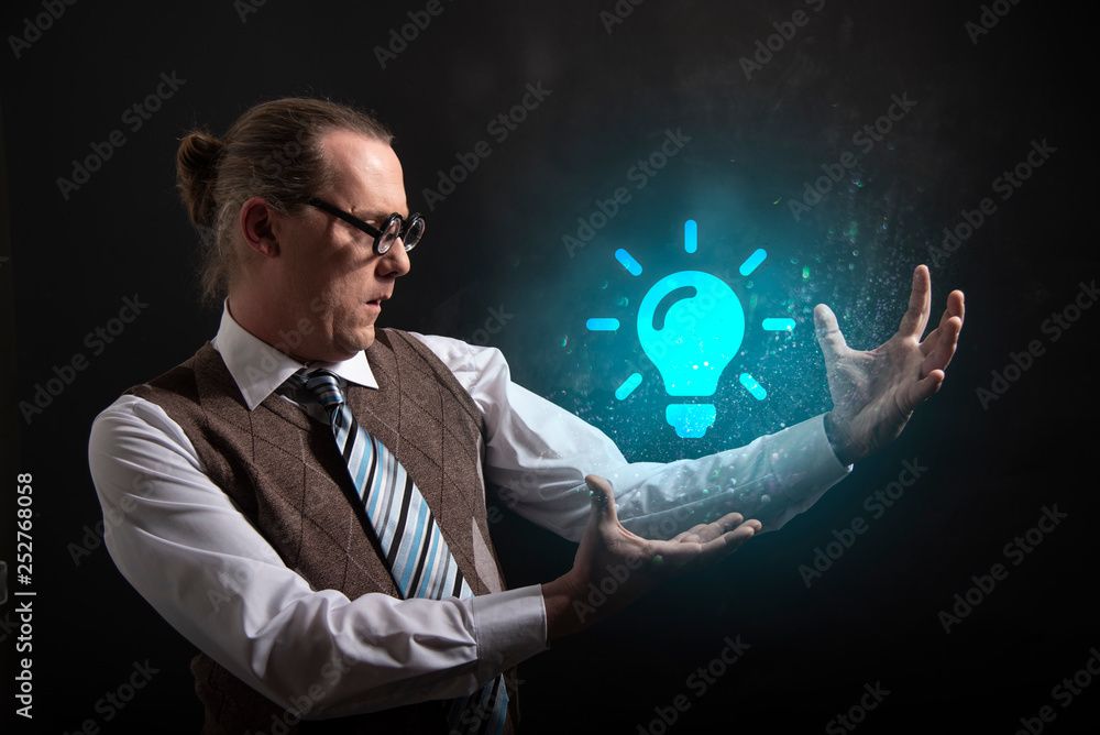 Funny nerd or geek showing light bulb icon Funny nerd or geek showing light bulb icon