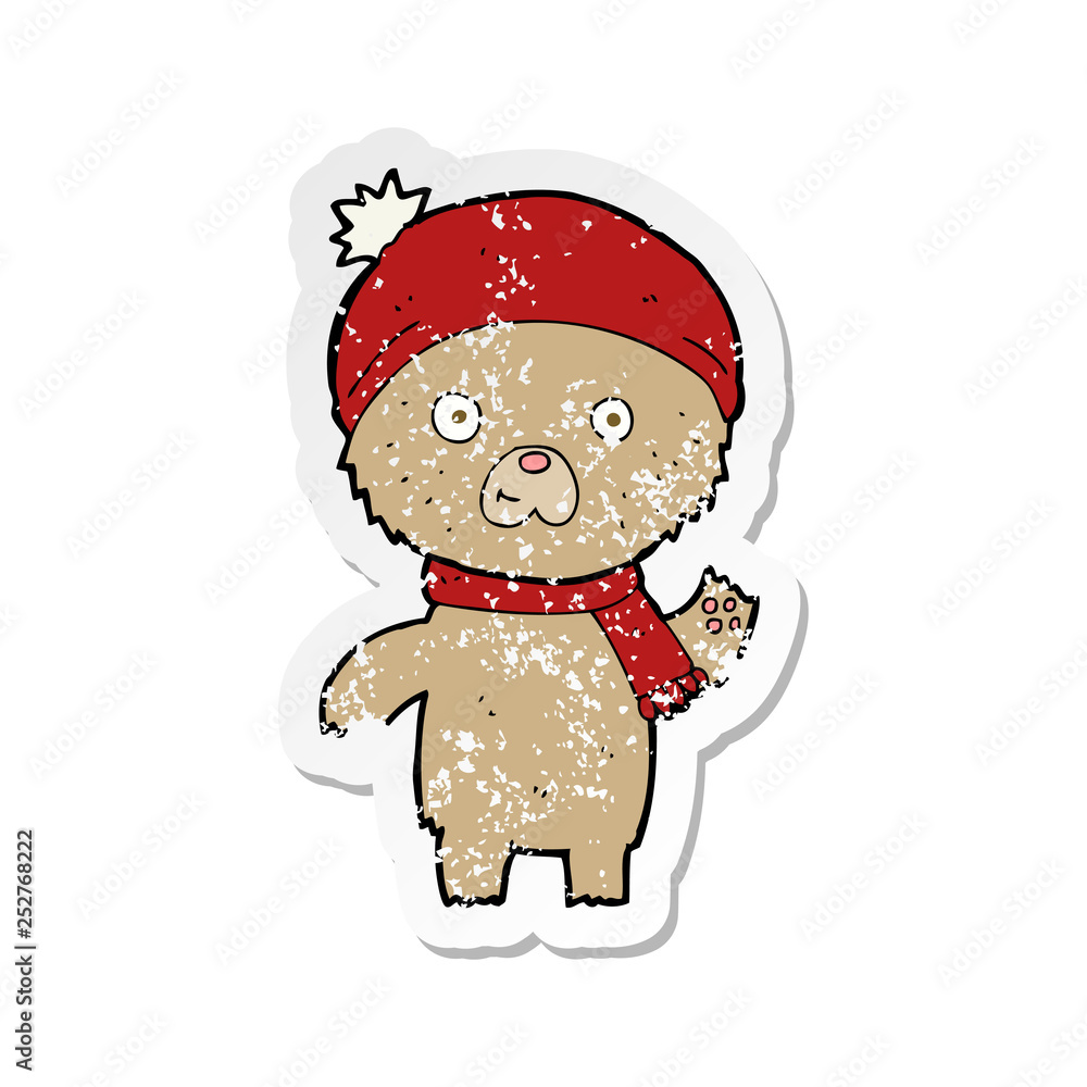 Fototapeta premium retro distressed sticker of a cartoon waving teddy bear