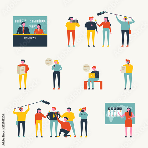 People who make news on the station. flat design style minimal vector illustration