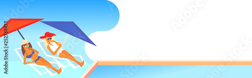 couple bikini women sunbathing girls resting on sun loungers by swimming pool summer vacation luxury resort horizontal banner full length