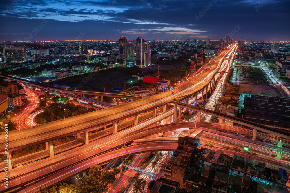 Street Junction and Express Way of Bangkok, Thailand. Landmark and Cityscape Skyscraper Buildings at Night Scene., Beautiful Architecture Landscape and Metropolis City Lifestyles of Bangkok.