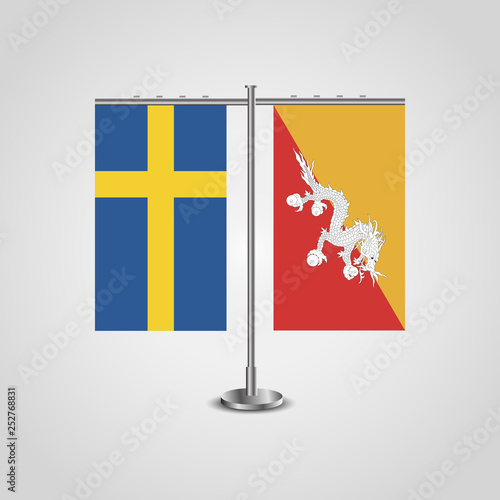Table stand with flags of Sweden and Butane.Two flag. Flag pole. Symbolizing the cooperation between the two countries. Table flags