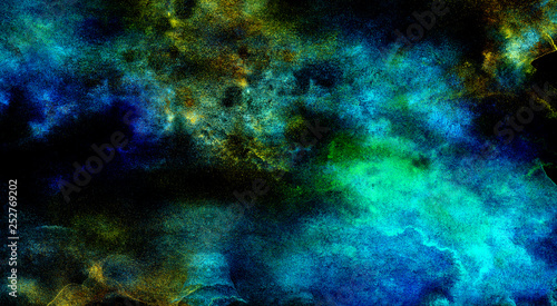 Cosmic star neon polar lights watercolor background. Creative blue and green shades hand drawn multicolor texture water color paint illustration. Paper textured aquarelle canvas for modern design