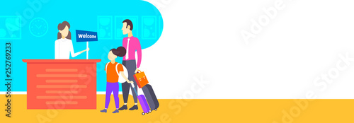 father and daughter tourists with suitcases arrive to hotel check in woman receptionist registration at reception counter hospitality staff vacation travel concept horizontal banner