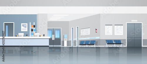 hospital reception waiting hall with counter seats doors and elevator empty no people medical clinic interior horizontal banner panorama flat