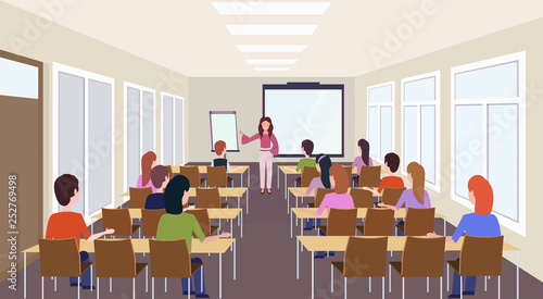 group of students listening female teacher training presentation modern meeting conference room interior lecture seminar hall education concept rear view horizontal