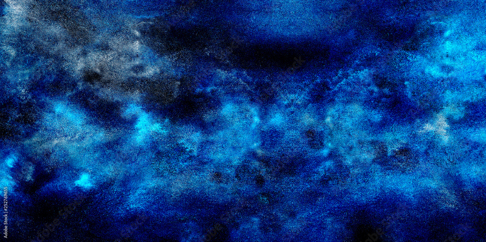 Fototapeta premium Cosmic neon light blue watercolor background. Paper textured aquarelle deep black canvas for modern creative design. Thunder storm lightning night sky texture multicolor water color paint illustration