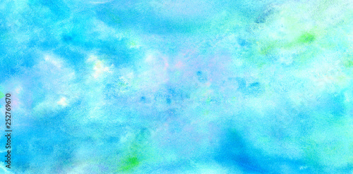 Bright light blue watercolor background. Aquarelle painted azure gradient color splashing on textured paper. Vintage water color splash template or canvas for design, retro card