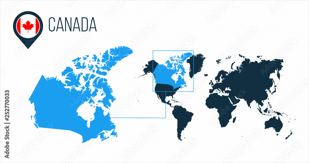 Naklejka premium Canada map located on a world map with flag and map pointer or pin. Infographic map. Vector illustration isolated on white background.