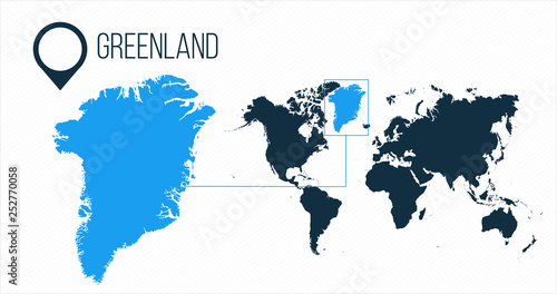 Greenland map located on a world map with flag and map pointer or pin. Infographic map. Vector illustration isolated on white background.