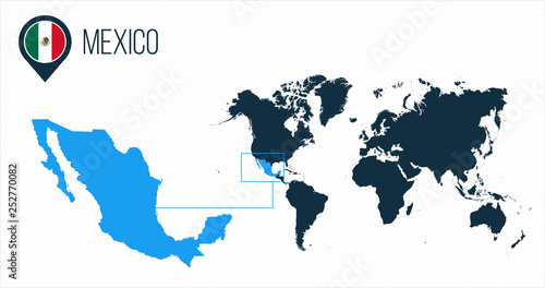 Mexico map located on a world map with flag and map pointer or pin. Infographic map. Vector illustration isolated on white background.