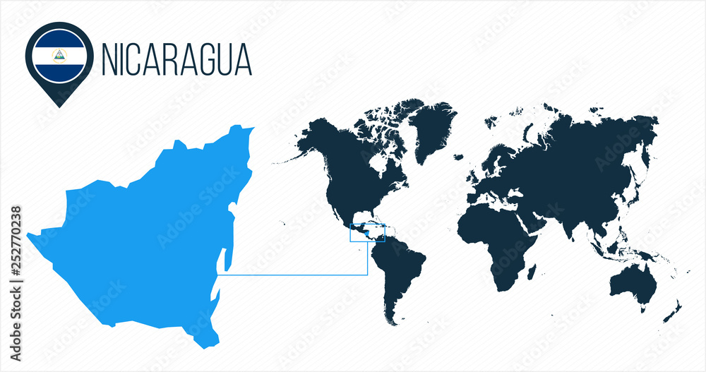 Nicaragua map located on a world map with flag and map pointer or pin. Infographic map. Vector illustration isolated on white background.