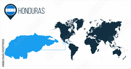 Honduras map located on a world map with flag and map pointer or pin. Infographic map. Vector illustration isolated on white background.