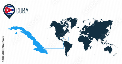 Cuba map located on a world map with flag and map pointer or pin. Infographic map. Vector illustration isolated on white background.