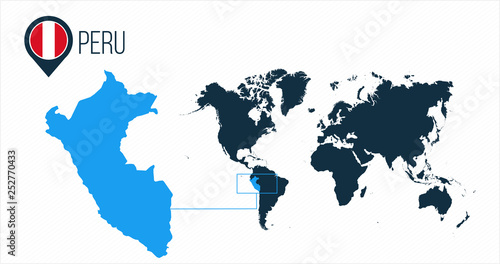 Peru map located on a world map with flag and map pointer or pin. Infographic map. Vector illustration isolated on white background.