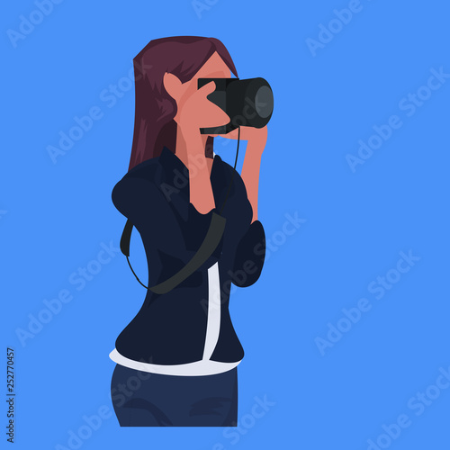 woman photographer taking picture with camera female journalist reporter shooting professional occupation concept cartoon character portrait flat blue background