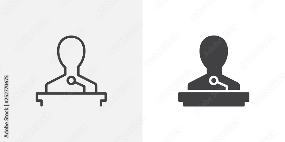 Speaker icon. line and glyph version, outline and filled vector sign. Orator speaking from tribune linear and full pictogram. Lecture symbol, logo illustration. Different style icons set Speaker icon. line and glyph version, outline and filled vector sign. Orator speaking from tribune linear and full pictogram. Lecture symbol, logo illustration. Different style icons set