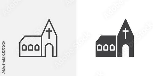 Church building icon. line and glyph version, outline and filled vector sign. Monastery linear and full pictogram. Symbol, logo illustration. Different style icons set
