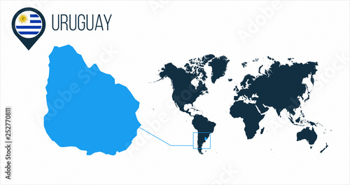 Uruguay map located on a world map with flag and map pointer or pin. Infographic map. Vector illustration isolated on white background.