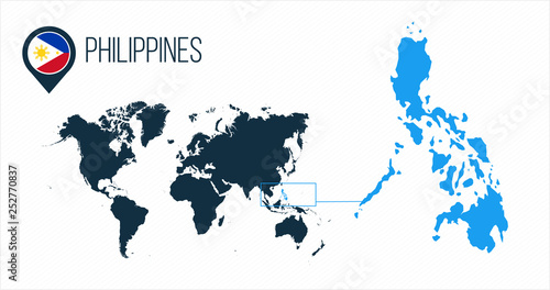 Philippines map located on a world map with flag and map pointer or pin. Infographic map. Vector illustration isolated on white background.