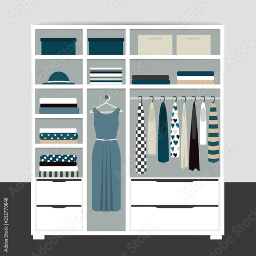 Capsule minimalistic open wardrobe. Wooden closet with tidy clothes, shirts, sweaters, boxes and shoes. Home interior. Flat design vector illustration.