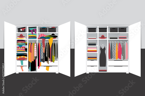Capsule minimalistic wardrobe versus closet overflowing with clothes. Vector cartoon illustration.