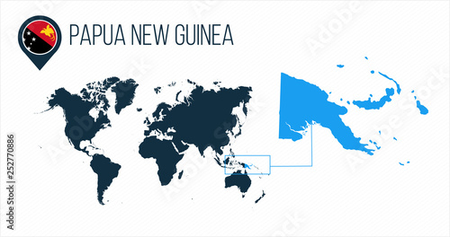 Fotografie, Obraz Papua New Guinea map located on a world map with flag and map pointer or pin