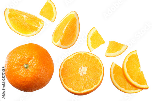 orange with slices isolated on white background. healthy food. top view