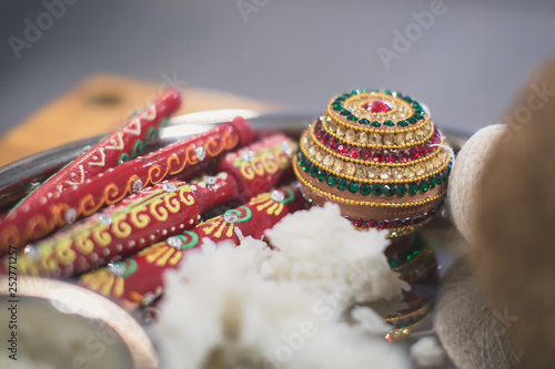 Indian hindu wedding ceremony ritual items close up