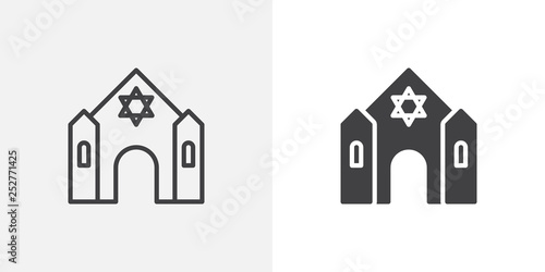 Synagogue building icon. line and glyph version, Jewish synagogue outline and filled vector sign. linear and full pictogram. Symbol, logo illustration. Different style icons set