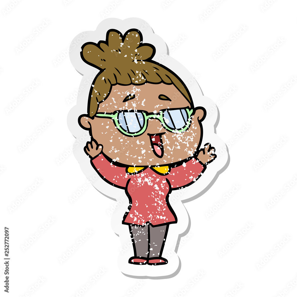distressed sticker of a cartoon happy woman wearing spectacles distressed sticker of a cartoon happy woman wearing spectacles