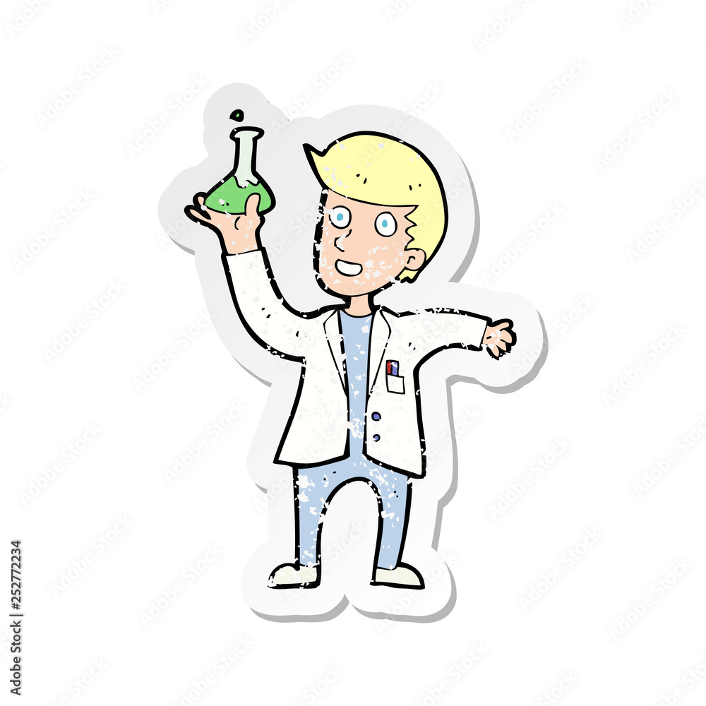 retro distressed sticker of a cartoon happy scientist retro distressed sticker of a cartoon happy scientist