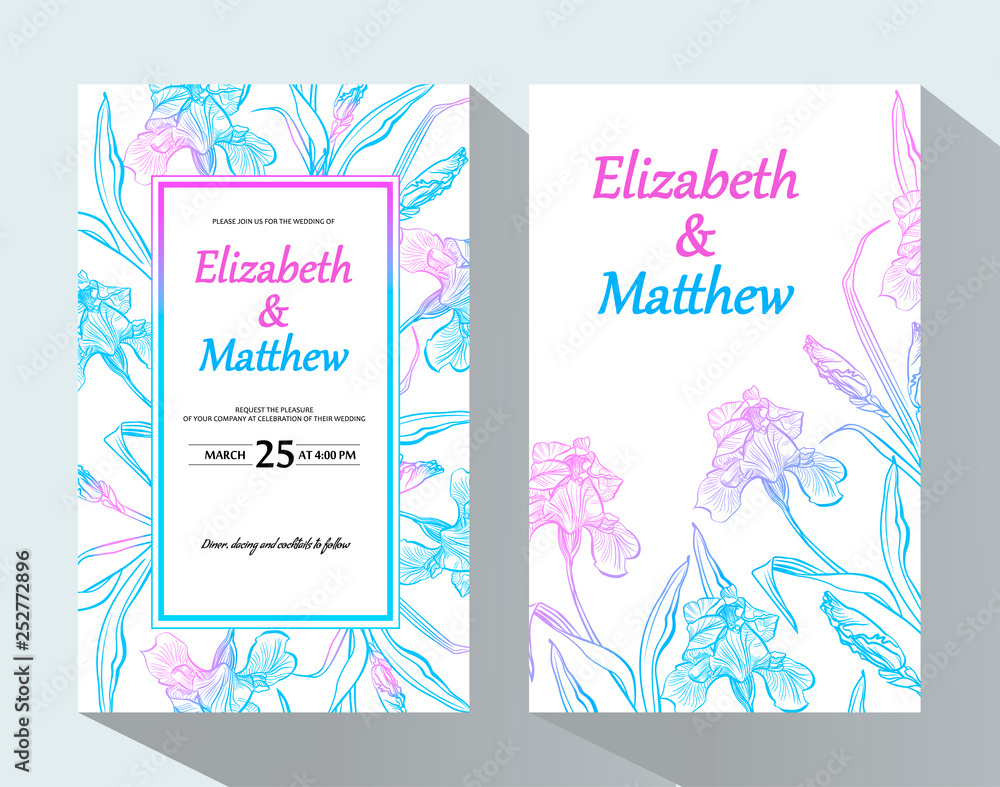 Wedding invitation with iris flower. Garden flowers. Decorative greeting card or invitation design background