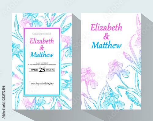 Wedding invitation with iris flower. Garden flowers. Decorative greeting card or invitation design background © Marina_Eisymont