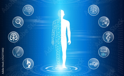 abstract background technology concept in blue light,brain and human body heal ,technology modern medical science in future and global international medical with tests analysis clone DNA human