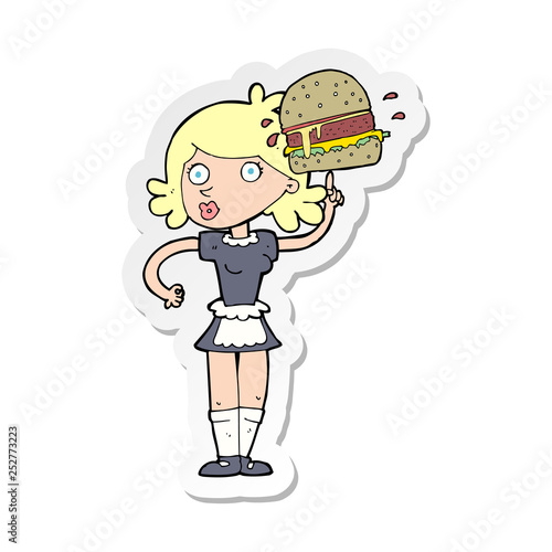 sticker of a cartoon waitress with burger
