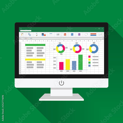 Spreadsheet on Computer screen flat icon. Financial accounting report concept. office things for planning and accounting, analysis, audit, project management, marketing, research vector illustration.