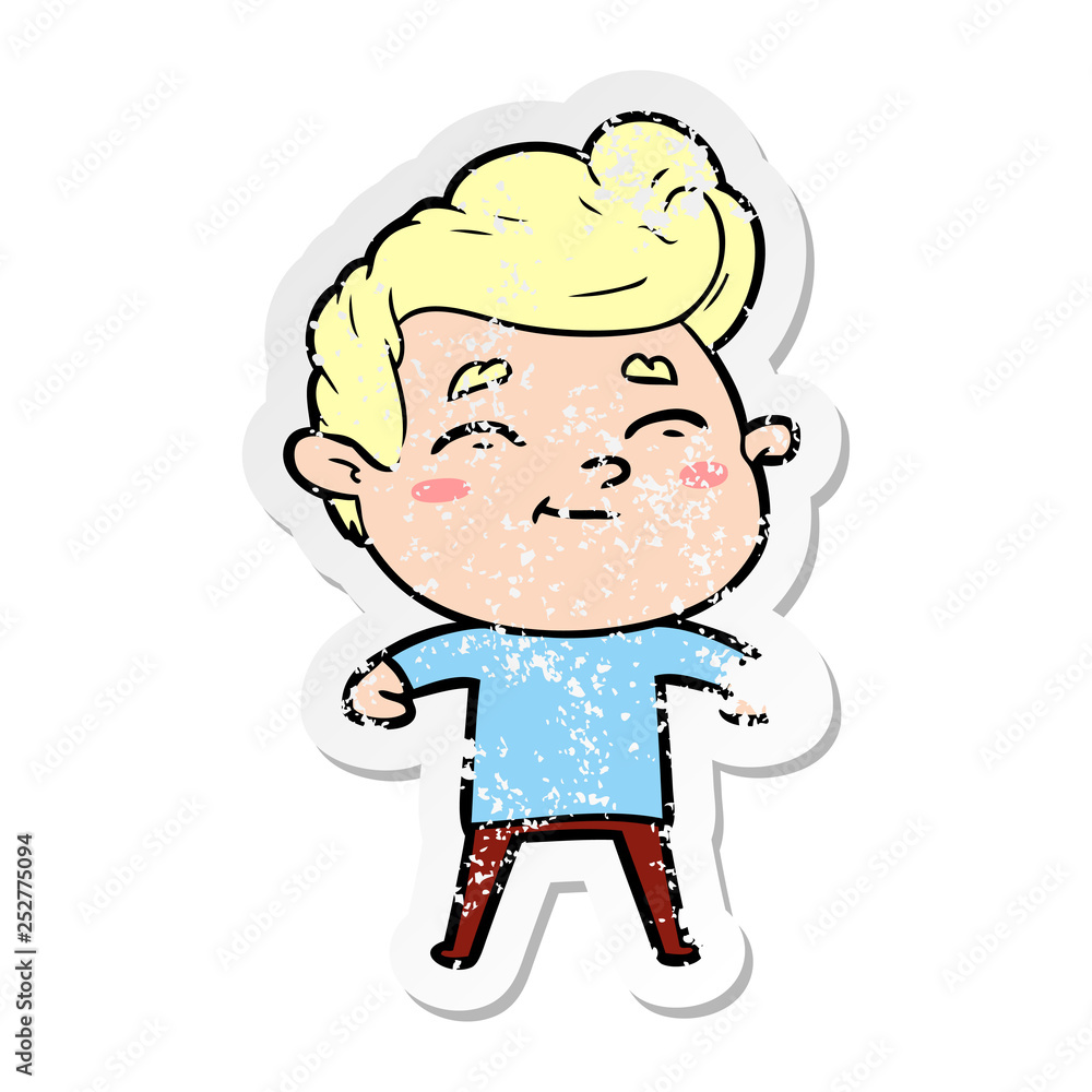 distressed sticker of a happy cartoon man distressed sticker of a happy cartoon man