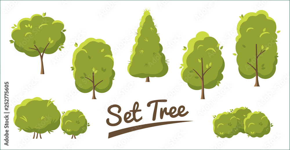 Set of abstract stylized trees in flat style. Green trees Isolated on white background. Set Vector illustration.