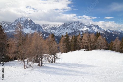 Monte Elmo, Dolomites, Italy - Mountain skiing and snowboarding. Sexten (Sesto), Trentino-Alto Adige, Puster Valley (Alta Pusteria), South Tyrol.