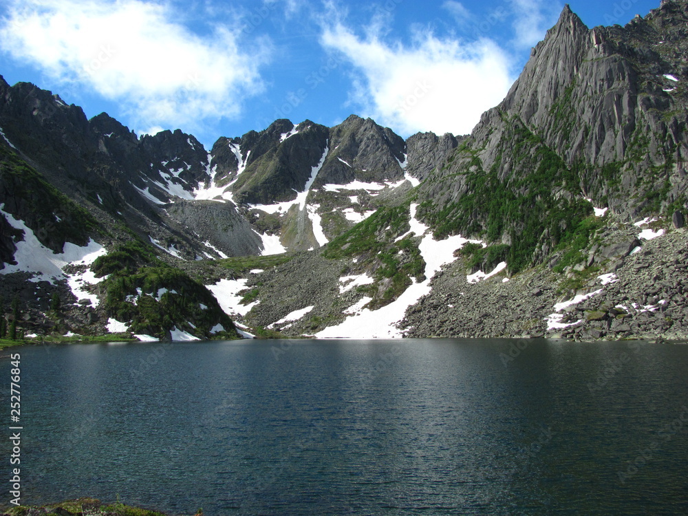 A huge lake surrounded by snowy peaks A huge lake surrounded by snowy peaks