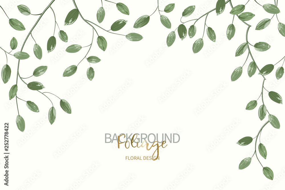 Floral background with green leaves. Composition branch with exotic tropical leaves Floral background with green leaves. Composition branch with exotic tropical leaves