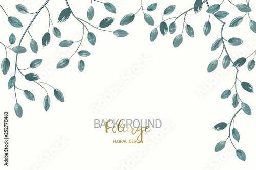 Floral background with aquamarine leaves. Composition branch with exotic tropical leaves