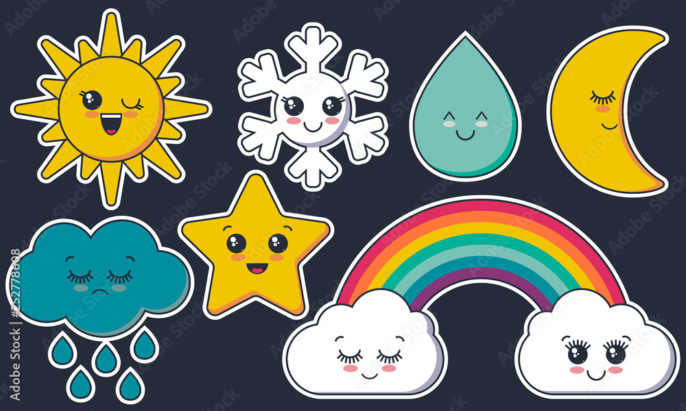 Vector collection of weather characters. Cute smiling faces sun, moon, star, rainbow, cloud, snowflake, rain drop.