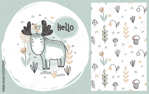 Vector set of cute hand drawn moose and seamless pattern