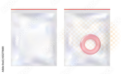 Mockup realistic of transparent plastic packaging for food and goods. Empty sealed polythene package, template, 3d layout, branding mockup, nylon bag with lock or zip. Vector transparent. eps10