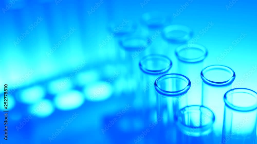 Glass test tubes in laboratory with blue light. Close up 4K footage. Glass test tubes in laboratory with blue light. Close up 4K footage.