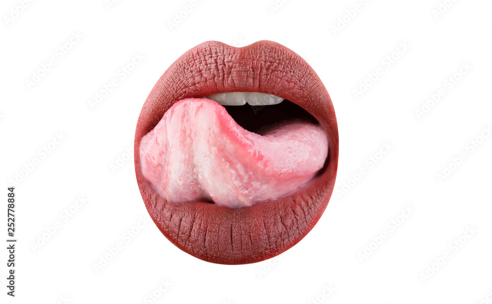 Tongue and sexy mouth. Woman lip, female lips. Beautiful lip, lipstick and passionate, sensual makeup. Sexy lips, tongue out. Close up, macro with beautiful mouth. Sensual girl. Photo | Adobe
